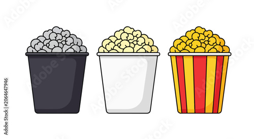 Three colorful cartoon popcorn buckets filled with tasty snacks