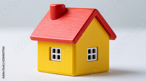 Bright yellow toy house with a red roof isolated on a white background, children's toy and real estate concept, with copy space