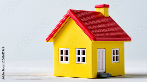 Bright yellow toy house with a red roof isolated on a white background, children's toy and real estate concept, with copy space