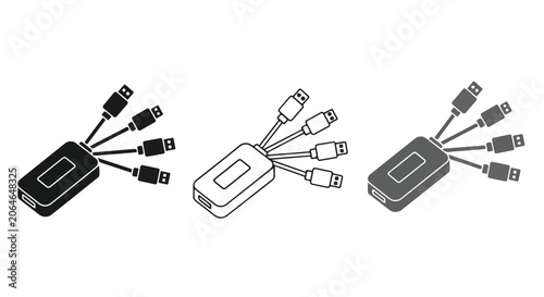 Set of multi-port USB adapters with various cables for device connectivity