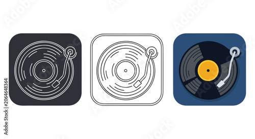 Set of vinyl record player icons in black, white and color on clean background