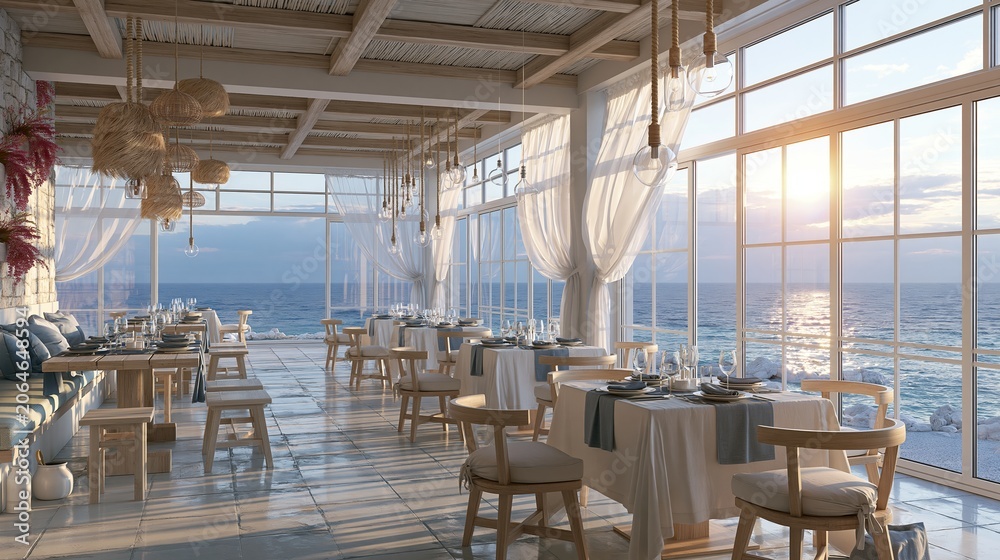 Fototapeta premium Luxury Seafood Restaurant Interior With Ocean View and Elegant Decor at Sunset Time