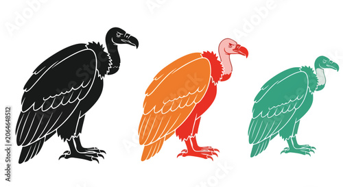 Three colorful vulture silhouettes standing in a row on white background