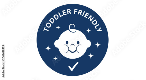 Toddler friendly icon with smiling baby face and checkmark in blue circle