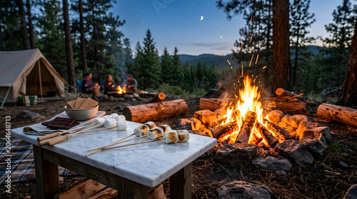 Roasting Marshmallows Over a Campfire at Night in a Forest Campground with a Tent and Scenic View