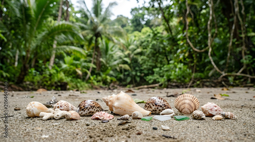 Collection of various seashells and coral fragments resting on a tropical sandy beach in nature