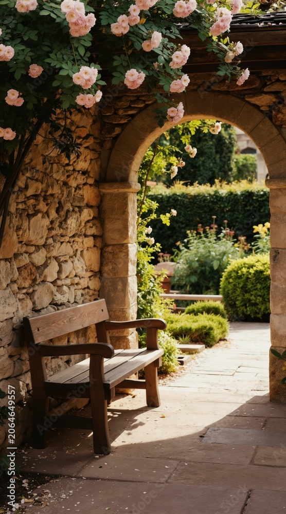 Fototapeta premium Stone archway frames garden path with blooming pink roses arching over a wooden bench. Sunlight dapples the serene courtyard, inviting peaceful rest in floral beauty. Natural calm awaits.