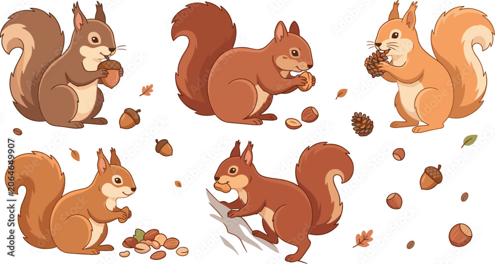 Obraz premium Cute squirrel collection featuring woodland animals holding acorns nuts and autumn forest elements vector illustration