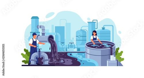 Industrial Wastewater Treatment Plant, Workers Cleaning Pollution