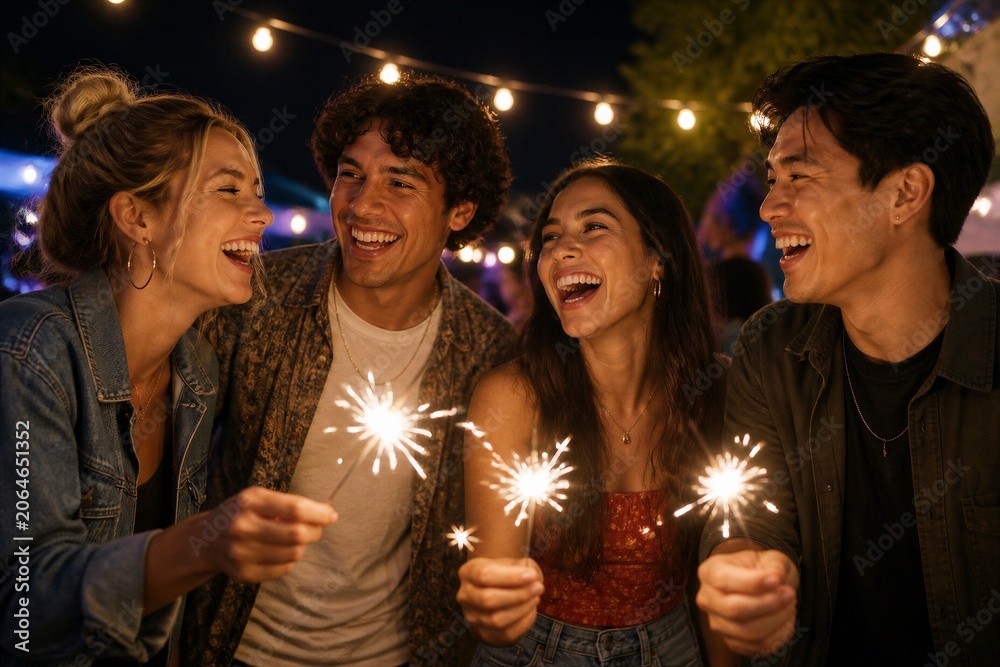 Fototapeta premium Young friends holding sparklers at outdoor evening party