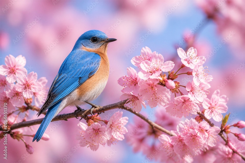 Obraz premium Bluebird perched on cherry blossom branch in spring garden