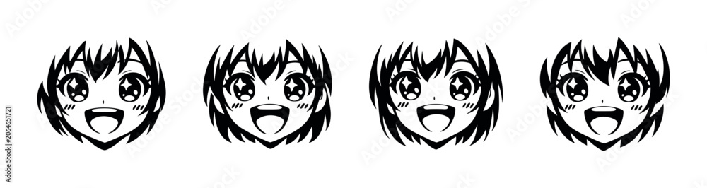 Obraz premium Four identical anime girl faces with sparkling eyes and wide smiles