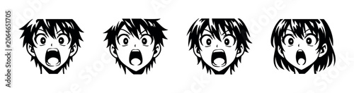 Tableau sur toile Four anime characters with shocked expressions, black and white illustration
