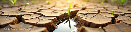 Resilient green sprout growing next to a water puddle in cracked parched soil. Small plant emerging from dry fractured earth under golden sunlight. Drought recovery and water scarcity concept