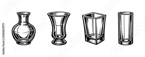 Εκτύπωση καμβά Collection of four distinct glass vessels in a minimalist black and white illust