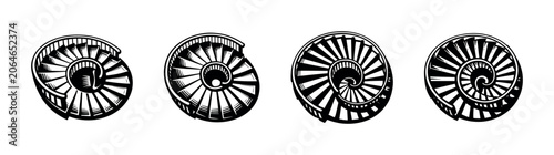 Fotografia Four spiral staircases in a row, rendered in a woodcut style