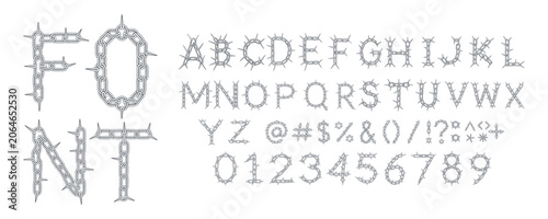 Quadro em tela Alphabet letters and numbers of steel chain letters with sharp spikes on a light transparent isolated background