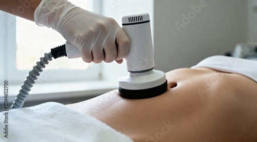 Body contouring treatment using handheld radiofrequency device on abdomen in bright clinic setting
