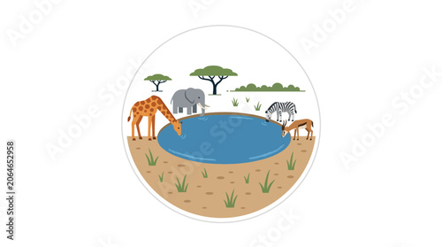 Photography African savanna animals gathered around a watering hole.