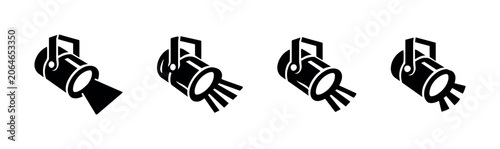 Photos Set of four black spotlight icons with beams of light shining outwards