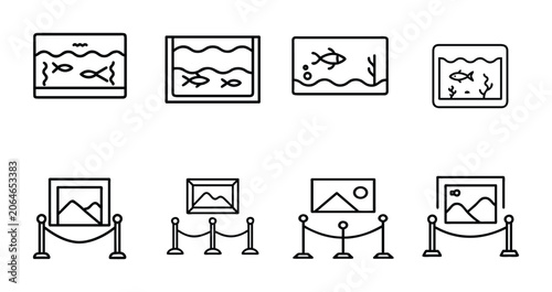 Foto Art gallery exhibition outline icons set fish aquarium tank underwater marine glass painting frame showcase picture & more vector illustration with editable stroke
