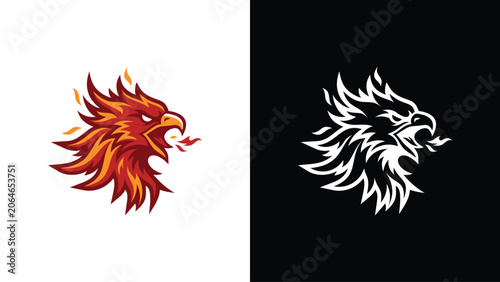 Fiery Phoenix Bird Head Mascot Logo Design in Color and Monochrome Variations for Sports Team Branding and Creative Graphics