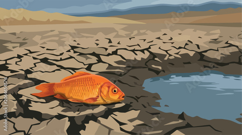 Foto Vsai goldfish dying from drought in dry cracked land