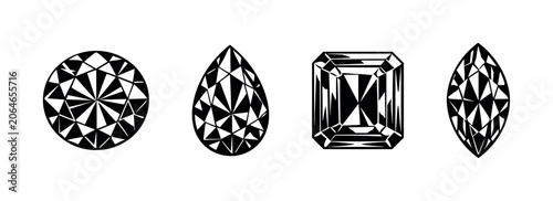 Fényképezés Collection of four distinct diamond cuts displayed in black and white silhouette