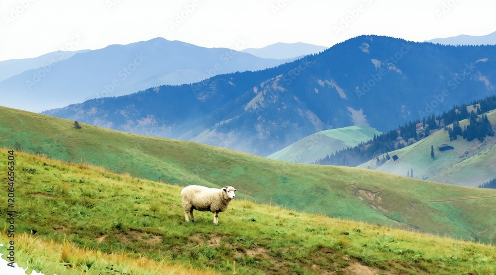 Fototapeta premium Lone white sheep stands on a green grassy slope. Rolling hills extend to distant blue mountains under a soft hazy sky. Rural scenic nature art.