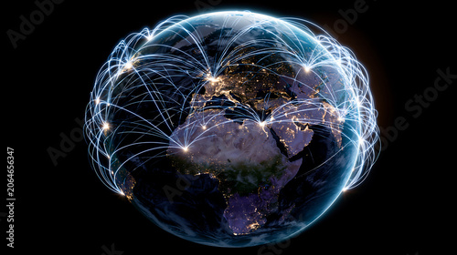earth viewed from space with bright glowing purple connection lines representing global internet network communication technology and data transfer