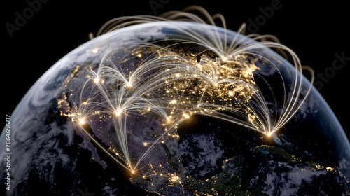 earth viewed from space with bright glowing purple connection lines representing global internet network communication technology and data transfer