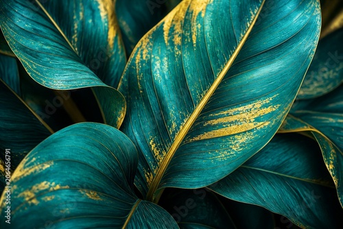 Tropical leaves with teal color and gold paint accents close up studio