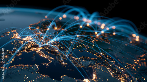 digital earth globe from space with glowing network connection lines showing global communication internet data transfer and technology concept