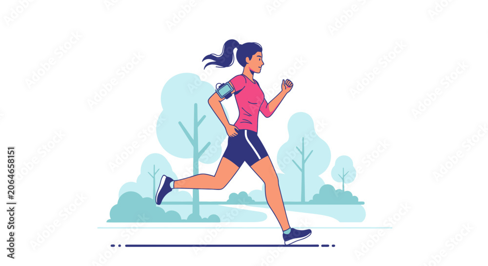 Fototapeta premium Vector illustration of a woman jogging in a park, promoting a healthy lifestyle and fitness activity