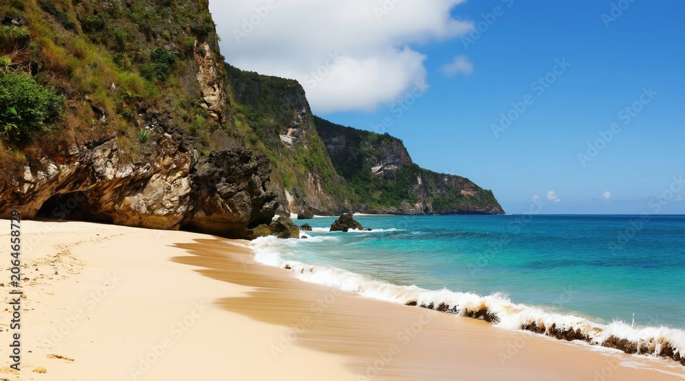 Obraz premium Sandy beach meets turquoise ocean waves by tall green cliffside. Clear blue sky above calm water. Rocky island formations emerge from sea near tropical coast.