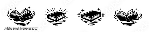 Magical open book with swirling lines and stars, symbolizing knowledge and imagination