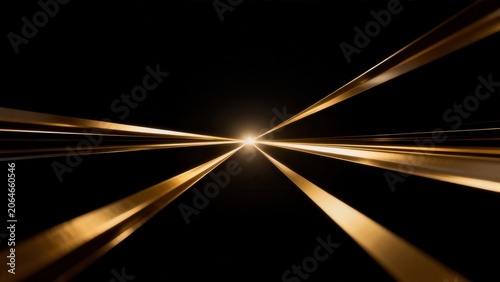 Golden light beams converging on black background