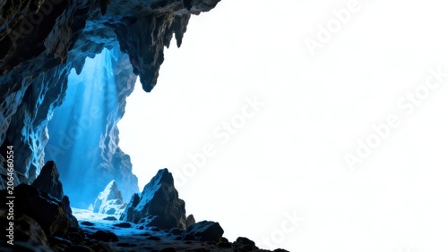 Cave interior with blue light beams