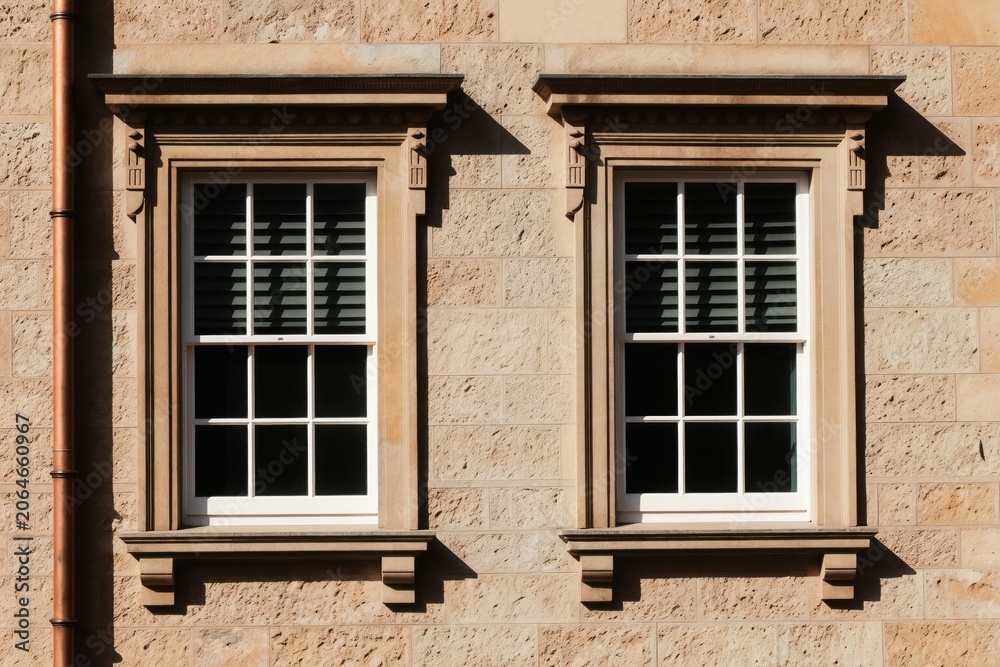 Fototapeta premium Two old stone block house windows with white frames and blinds. Copper downpipe runs along beige facade. Sunlight casts long shadows across facade.