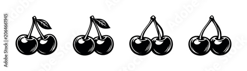 Fényképezés Set of stylized black and white cherry icons with stems and leaves