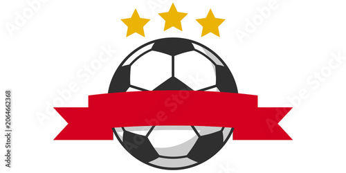 Soccer ball with red banner and three yellow stars on transparent background