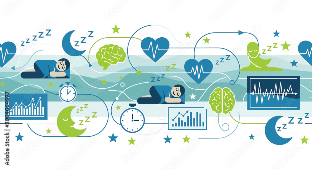 Naklejka premium Sleep science and health benefits, brain activity, heart rate, and sleep cycles illustration