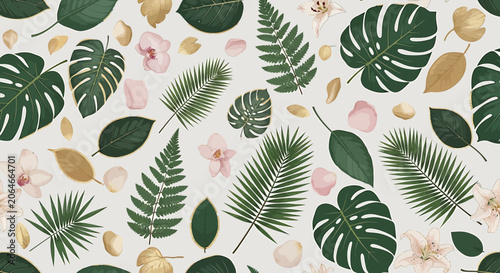 Tropical Leaves Pattern: Monstera, Fern, Palm, Orchid, Pink Flowers, Gold Accents