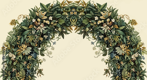 Vintage Botanical Archway with Lush Greenery and Delicate Flowers