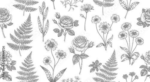 Vintage Botanical Floral Seamless Pattern with Roses and Ferns