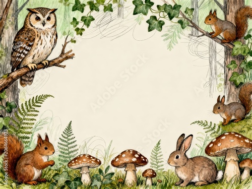 Woodland animal frame illustration with an owl, squirrels, and a rabbit. Hand-drawn watercolor border for a storybook or invitation. Forest nature background with copy space