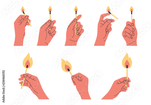 Schilderij op canvas Set of Hands Holding Matches: A collection of diverse hand poses holding burning and unlit matches, ideal for conveying ideas related to ignition, initiation, and potential