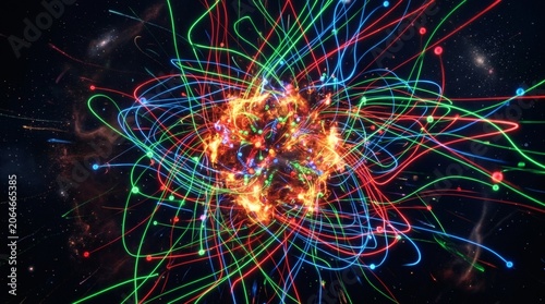 Abstract explosion of colorful light trails and glowing particles in deep space