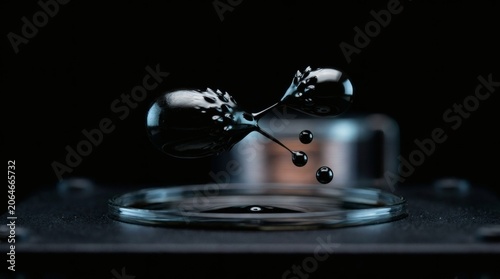 Viscous black liquid forming abstract shapes and droplets above a petri dish