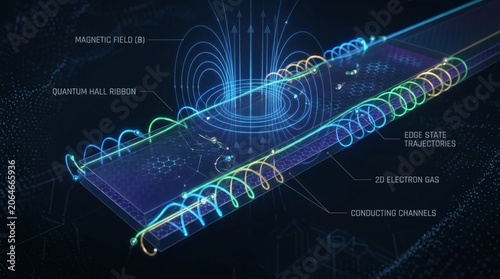 Abstract visualization of quantum hall effect with magnetic field and electron gas